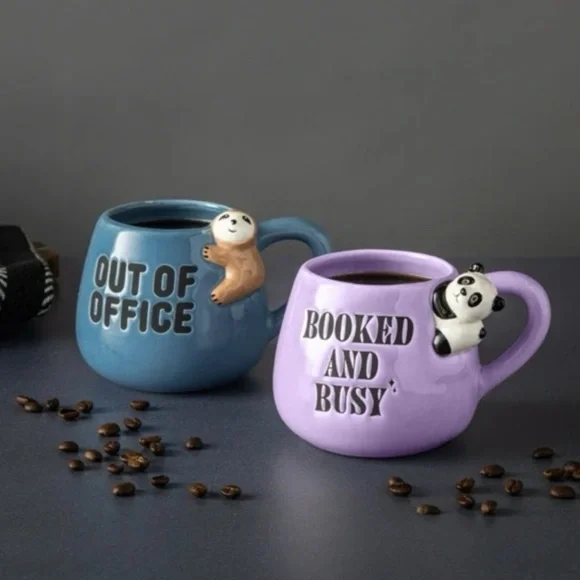 PAIR OF STONEWARE COFFEE MUGS SLOTH AND PANDA OFFICE GIFT MUG - Picture 3 of 6